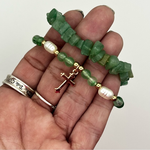 Source Unknown Jewelry - Green Aventurine Pearl Beaded stack Bracelet Set with Cross Charm Boho